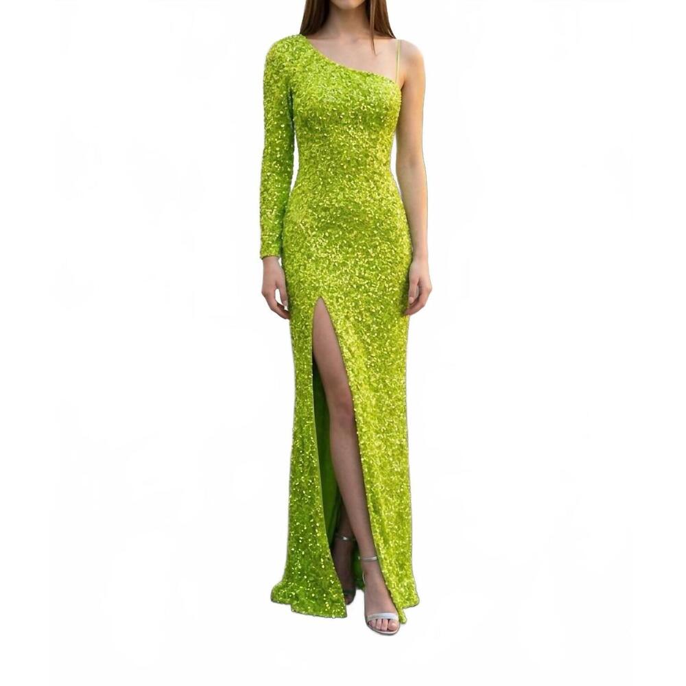 NEW ALETA one sleeve sequined dress in neon green